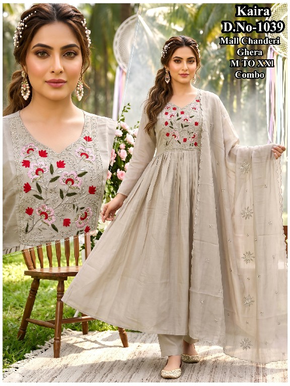 J4U KAIRA D.NO 1034 TO 1040-1042 WHOLESALE READYMADE MUL CHANDERI GHERA STYLE 3 PCS COMBO SET SUITS EXPORTER