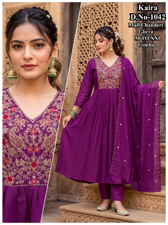 J4U KAIRA D.NO 1034 TO 1040-1042 WHOLESALE READYMADE MUL CHANDERI GHERA STYLE 3 PCS COMBO SET SUITS EXPORTER