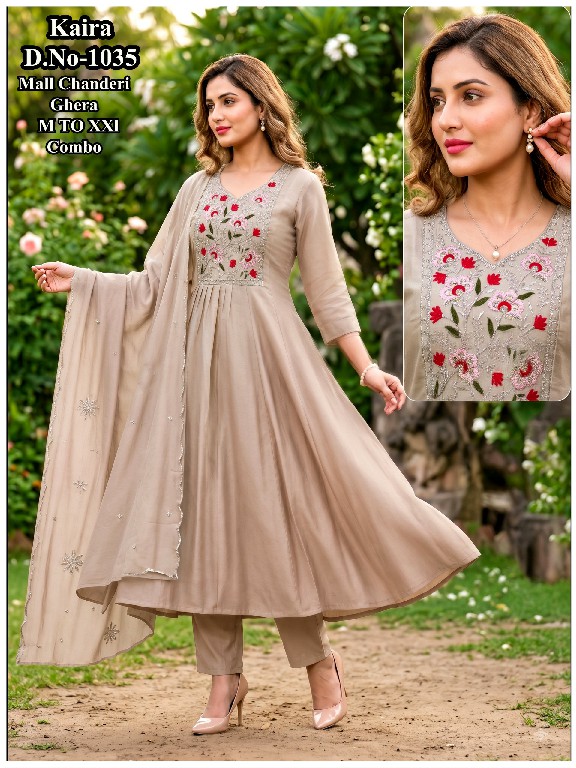 J4U KAIRA D.NO 1034 TO 1040-1042 WHOLESALE READYMADE MUL CHANDERI GHERA STYLE 3 PCS COMBO SET SUITS EXPORTER