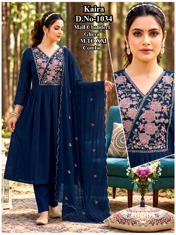 J4U KAIRA D.NO 1034 TO 1040-1042 WHOLESALE READYMADE MUL CHANDERI GHERA STYLE 3 PCS COMBO SET SUITS EXPORTER