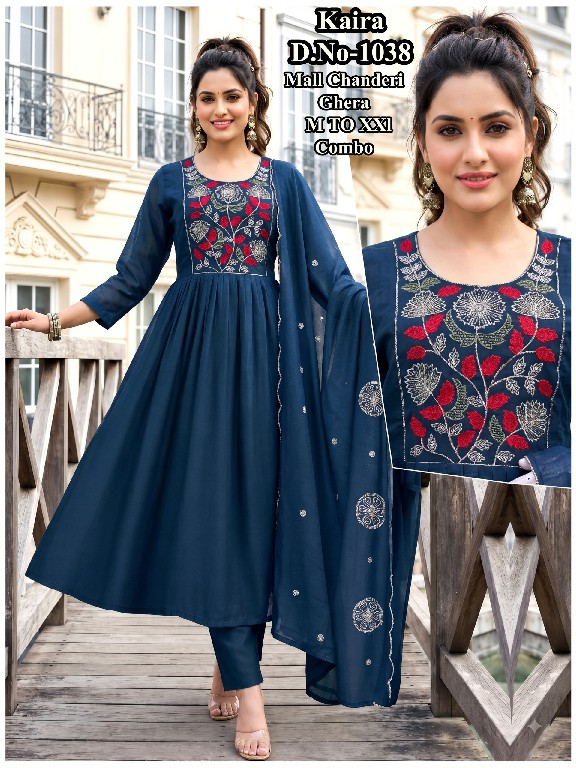 J4U KAIRA D.NO 1034 TO 1040-1042 WHOLESALE READYMADE MUL CHANDERI GHERA STYLE 3 PCS COMBO SET SUITS EXPORTER