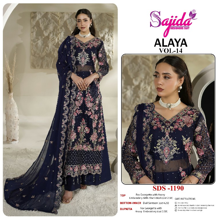 SAJIDA ALAYA VOL 14 WHOLESALE GEORGETTE PAKISTANI CONCEPT UNSTITCH SALWAR SUITS SUPPLIER