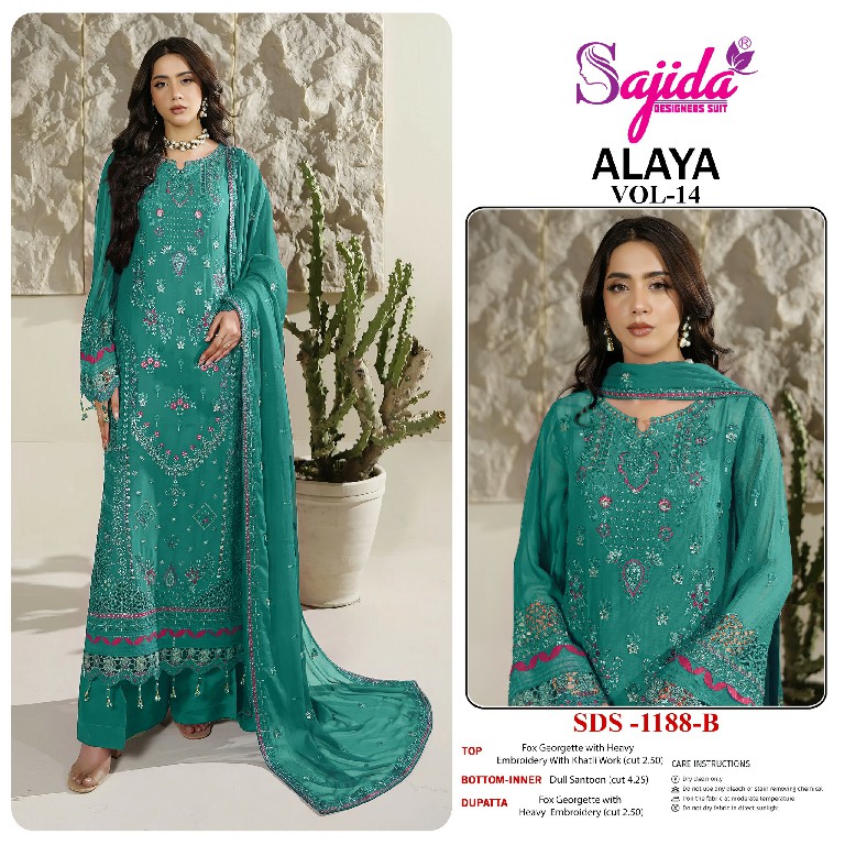 SAJIDA ALAYA VOL 14 WHOLESALE GEORGETTE PAKISTANI CONCEPT UNSTITCH SALWAR SUITS SUPPLIER