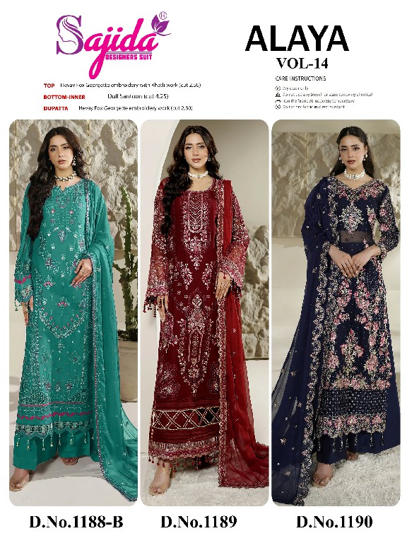 SAJIDA ALAYA VOL 14 WHOLESALE GEORGETTE PAKISTANI CONCEPT UNSTITCH SALWAR SUITS SUPPLIER