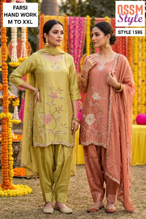 OSSM STYLE D.NO 1552-1553-1590-1595 WHOLESALE READYMADE VISCOSE ROMAN FARSI SALWAR STYLE 3 PCS COMBO SET SUITS EXPORTER