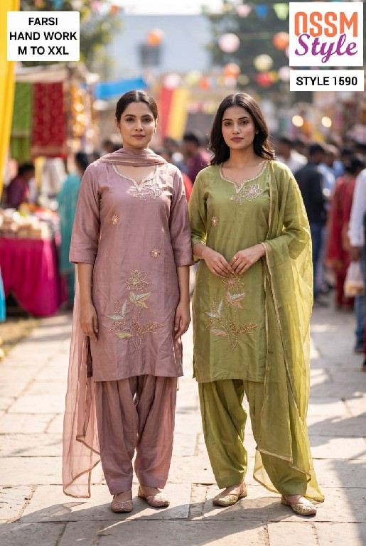 OSSM STYLE D.NO 1552-1553-1590-1595 WHOLESALE READYMADE VISCOSE ROMAN FARSI SALWAR STYLE 3 PCS COMBO SET SUITS EXPORTER