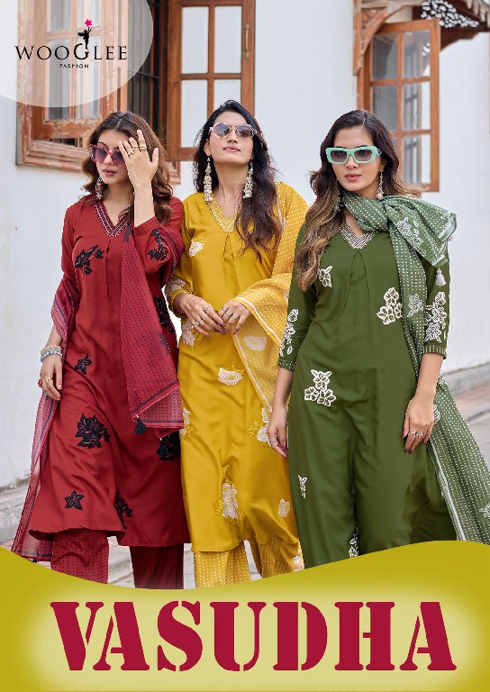 WOOGLEE VASUSHA WHOLESALE READYMADE HEAVY RAYON CLASSY STYLISH 3 PCS SUITS EXPORTER
