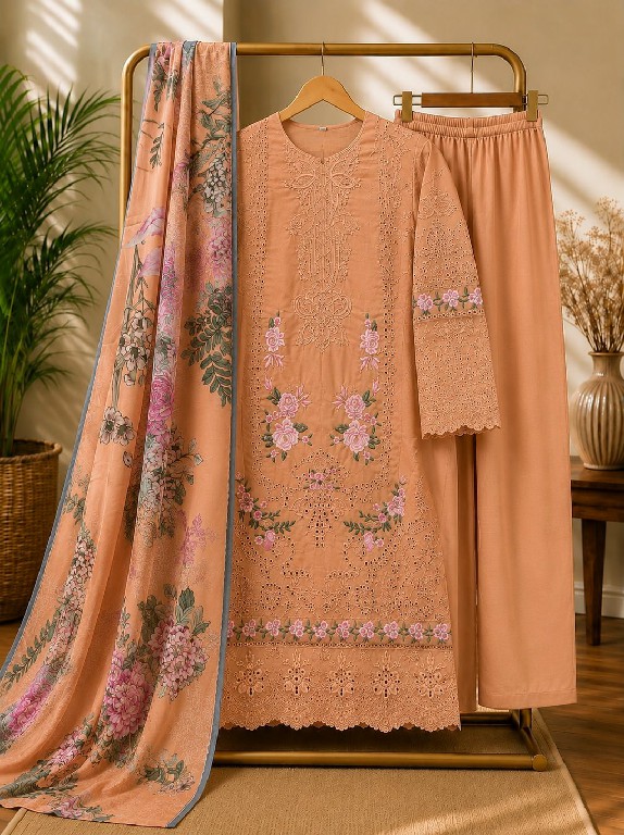 SANIYA TRENDZ D.NO 6001 WHOLESALE READYMADE COTTON CHIKANKARI BEAUTIFUL 3 PCS SUITS FOR EXPORT