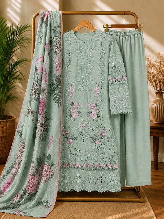 SANIYA TRENDZ D.NO 6001 WHOLESALE READYMADE COTTON CHIKANKARI BEAUTIFUL 3 PCS SUITS FOR EXPORT