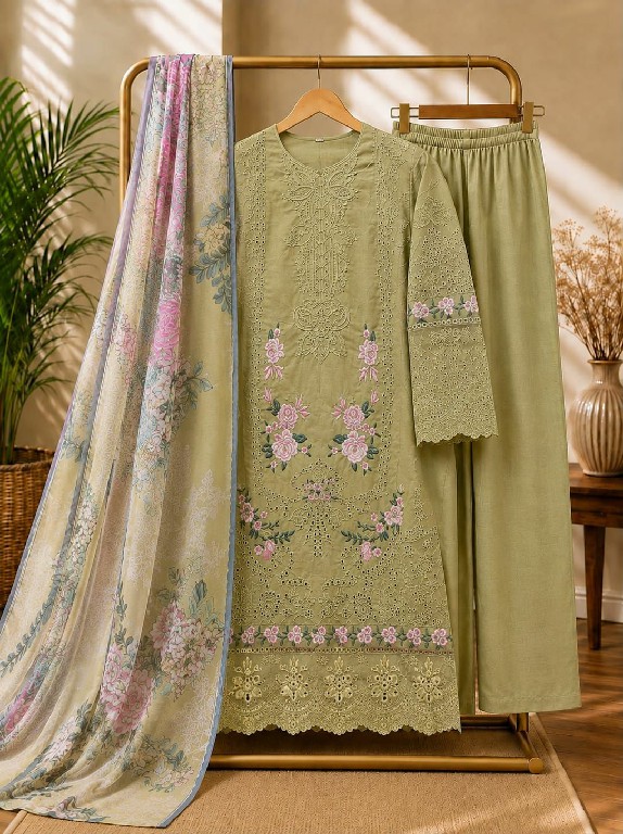 SANIYA TRENDZ D.NO 6001 WHOLESALE READYMADE COTTON CHIKANKARI BEAUTIFUL 3 PCS SUITS FOR EXPORT