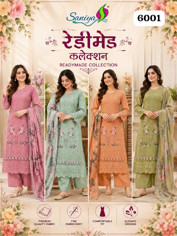 SANIYA TRENDZ D.NO 6001 WHOLESALE READYMADE COTTON CHIKANKARI BEAUTIFUL 3 PCS SUITS FOR EXPORT