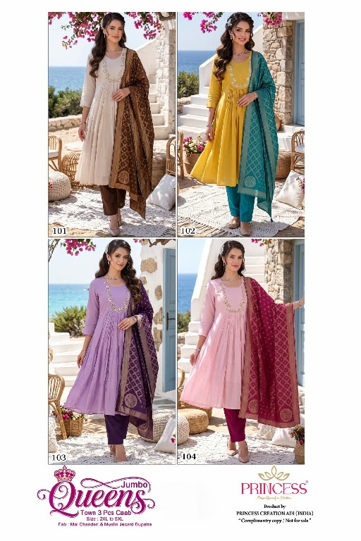 PRINCESS CREATION JUMBO QUEENS TOWN 3 PCS CAAB WHOLESALE READYMADE MAL CHANDERI BIG SIZE PRETTY LOOK 3 PCS SUITS SUPPLIER
