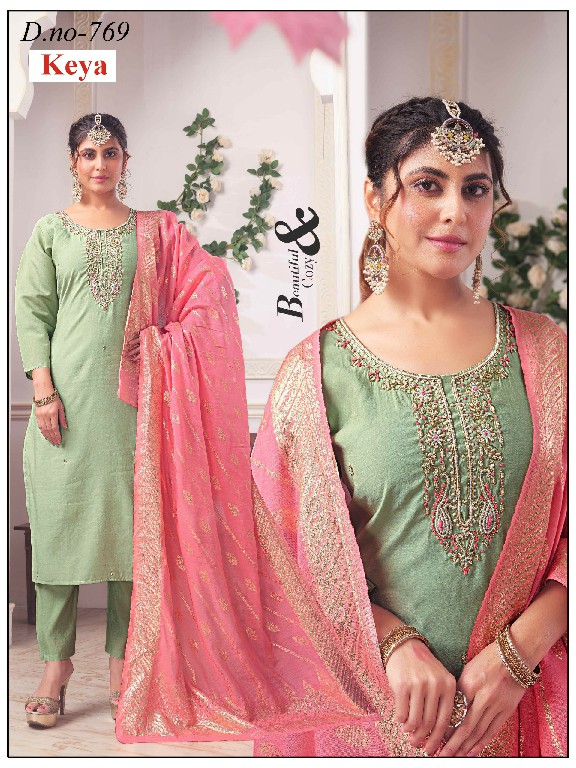 KEYA PRESENT READYMADE ROMAN SILK HAND WORK 3 PCS COMBO SET SUITS EXPORTER