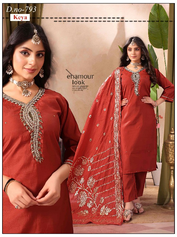 KEYA PRESENT READYMADE ROMAN SILK HAND WORK 3 PCS COMBO SET SUITS EXPORTER