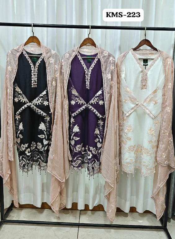 TEXTILEDEAL D.NO KMS-223 WHOLESALE READYMADE HEAVY CHIFFON ELEGANCE PAKISTANI 3 PCS SUITS FOR EXPORT