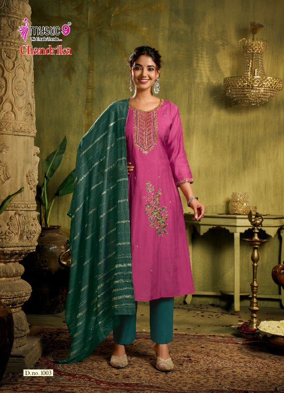 MYSTIC 9 CHANDRIKA VOL 1 WHOLESALE READYMADE ROMAN SILK PRINCESS CUT BEAUTIFUL 3 PCS SUITS EXPORTER