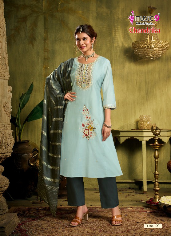 MYSTIC 9 CHANDRIKA VOL 1 WHOLESALE READYMADE ROMAN SILK PRINCESS CUT BEAUTIFUL 3 PCS SUITS EXPORTER