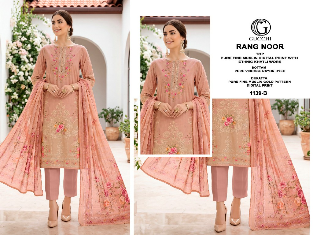 GUCCHI RANG NOOR D.NO 1139 WHOLESALE MUSLIN GORGEOUS LOOK UNSTITCH SALWAR SUITS EXPORTER