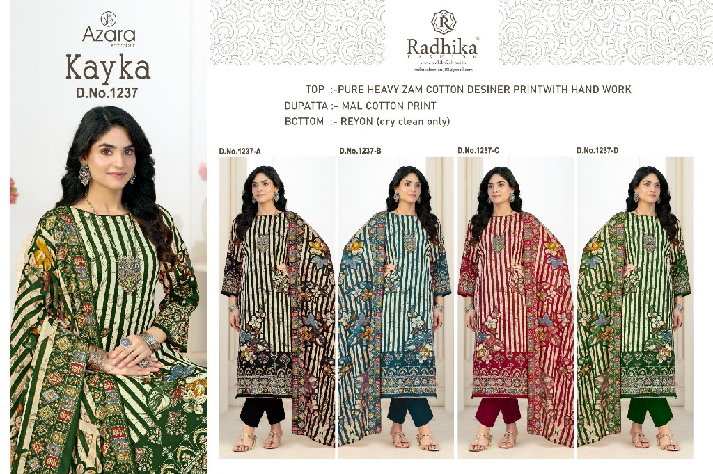 AZARA BY RADHIKA FASHION KAYKA D.NO 1237 WHOLESALE HEAVY ZAM COTTON DESIGNER UNSTITCH SALWAR SUITS EXPORTER