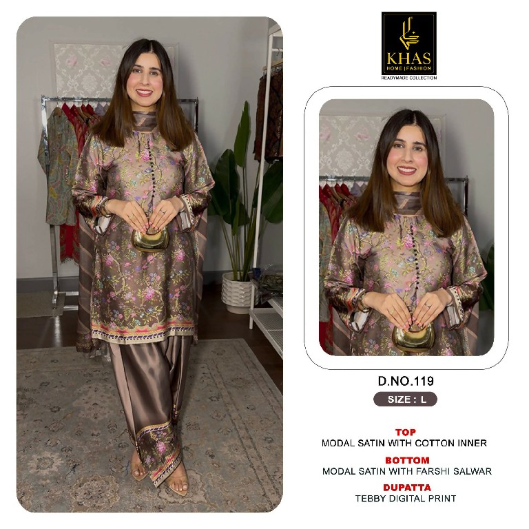KHAS D.NO 119 TO 123-125-126-128-129 WHOLESALE READYMADE MODAL SATIN DIGITAL PRINTED 3 PCS COMBO SET SUITS SUPPLIER