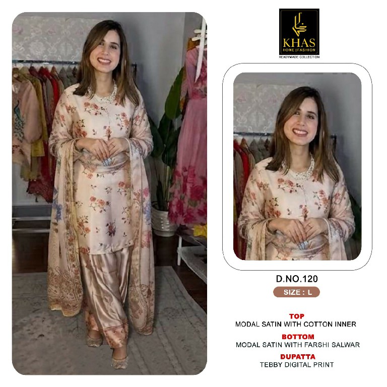 KHAS D.NO 119 TO 123-125-126-128-129 WHOLESALE READYMADE MODAL SATIN DIGITAL PRINTED 3 PCS COMBO SET SUITS SUPPLIER