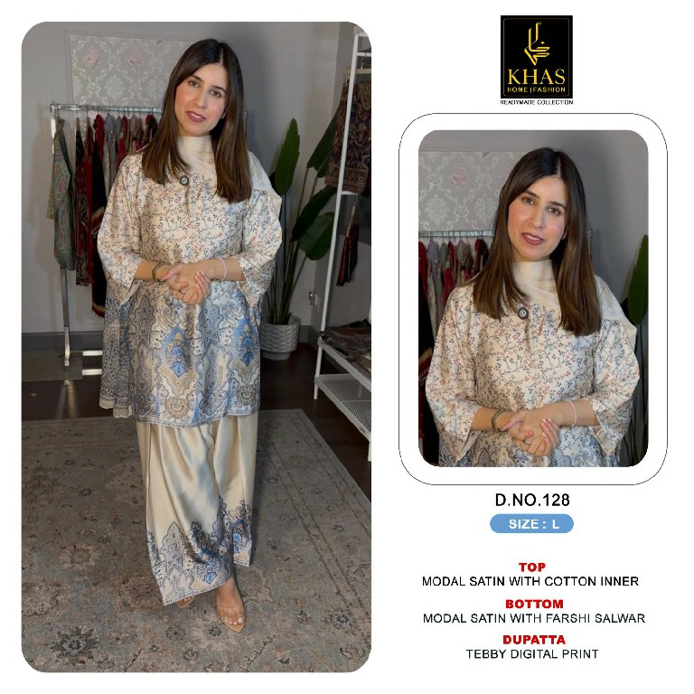 KHAS D.NO 119 TO 123-125-126-128-129 WHOLESALE READYMADE MODAL SATIN DIGITAL PRINTED 3 PCS COMBO SET SUITS SUPPLIER
