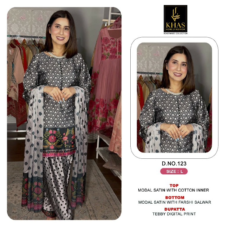 KHAS D.NO 119 TO 123-125-126-128-129 WHOLESALE READYMADE MODAL SATIN DIGITAL PRINTED 3 PCS COMBO SET SUITS SUPPLIER