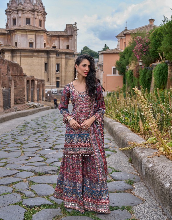 NIMRIT BY SAYURI DESIGNER WHOLESALE READYMADE NATURAL CREP SILK LATEST TRENDY FESTIVE WEAR TOP PLAZZI WITH DUPATTA ONLINE