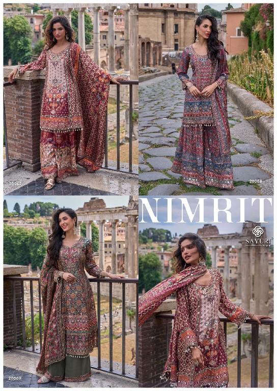 NIMRIT BY SAYURI DESIGNER WHOLESALE READYMADE NATURAL CREP SILK LATEST TRENDY FESTIVE WEAR TOP PLAZZI WITH DUPATTA ONLINE