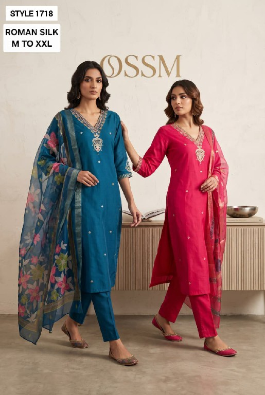 OSSM STYLE D.NO 1718 TO 1721 WHOLESALE READYMADE ROMAN SILK WITH EMBROIDERY WORK 3 PCS COMBO SET SUITS EXPORTER