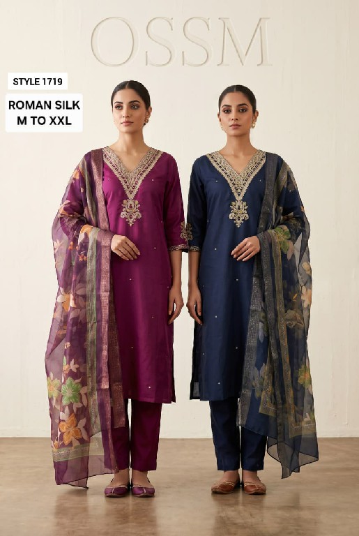OSSM STYLE D.NO 1718 TO 1721 WHOLESALE READYMADE ROMAN SILK WITH EMBROIDERY WORK 3 PCS COMBO SET SUITS EXPORTER
