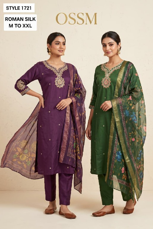 OSSM STYLE D.NO 1718 TO 1721 WHOLESALE READYMADE ROMAN SILK WITH EMBROIDERY WORK 3 PCS COMBO SET SUITS EXPORTER