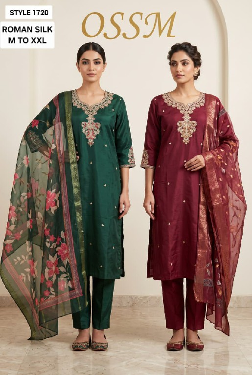 OSSM STYLE D.NO 1718 TO 1721 WHOLESALE READYMADE ROMAN SILK WITH EMBROIDERY WORK 3 PCS COMBO SET SUITS EXPORTER