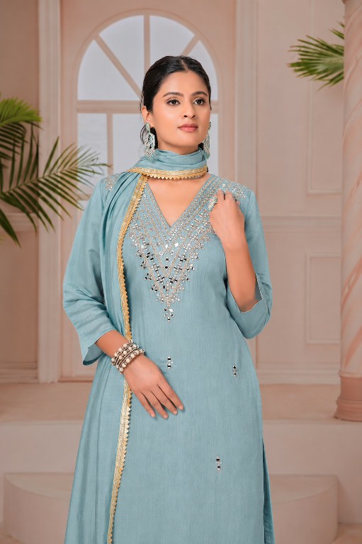 TEXTILEDEAL LAUNCH READYMADE MAL CHANDERI WITH MIRRIOR WORK 3 PCS SUITS SUPPLIER