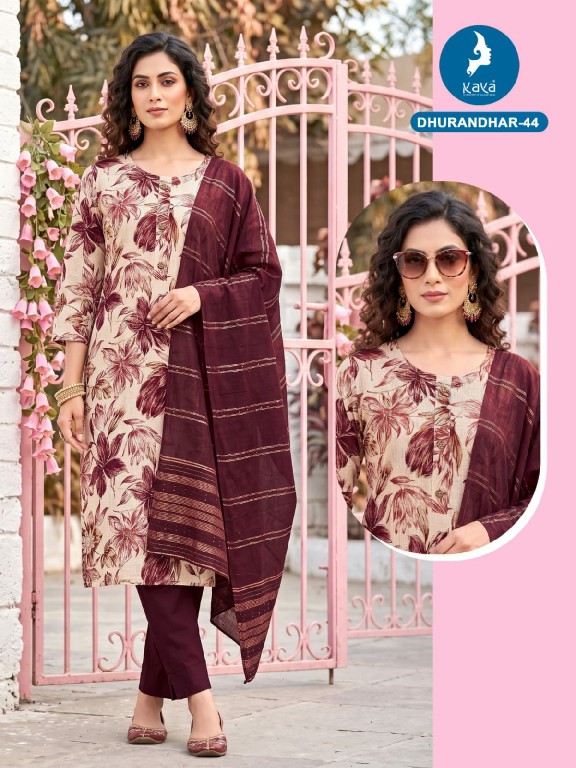 KAYA DHURANDHAR D.NO 40 TO 62 WHOLESALE READYMADE VERTICAN PRINTED BIG SIZE COMFORT WEAR 3 PCS COMBO SET SUITS EXPORTER
