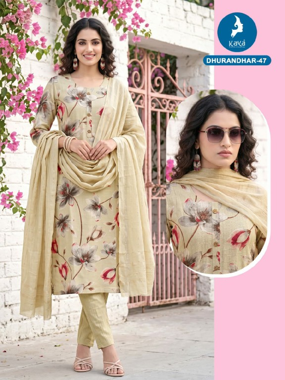 KAYA DHURANDHAR D.NO 40 TO 62 WHOLESALE READYMADE VERTICAN PRINTED BIG SIZE COMFORT WEAR 3 PCS COMBO SET SUITS EXPORTER