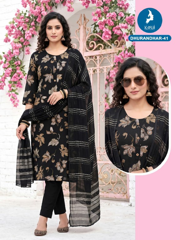 KAYA DHURANDHAR D.NO 40 TO 62 WHOLESALE READYMADE VERTICAN PRINTED BIG SIZE COMFORT WEAR 3 PCS COMBO SET SUITS EXPORTER