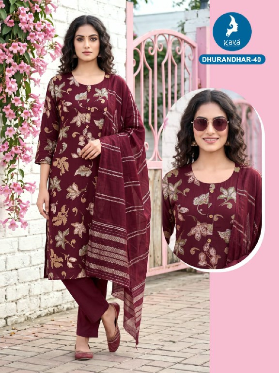 KAYA DHURANDHAR D.NO 40 TO 62 WHOLESALE READYMADE VERTICAN PRINTED BIG SIZE COMFORT WEAR 3 PCS COMBO SET SUITS EXPORTER