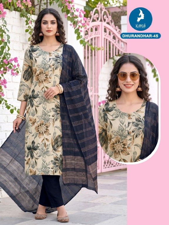 KAYA DHURANDHAR D.NO 40 TO 62 WHOLESALE READYMADE VERTICAN PRINTED BIG SIZE COMFORT WEAR 3 PCS COMBO SET SUITS EXPORTER