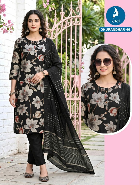 KAYA DHURANDHAR D.NO 40 TO 62 WHOLESALE READYMADE VERTICAN PRINTED BIG SIZE COMFORT WEAR 3 PCS COMBO SET SUITS EXPORTER