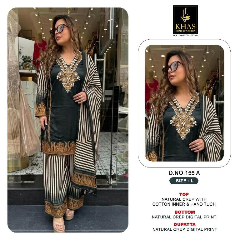 KHAS D.NO 155 WHOLESALE READYMADE NATURAL CREP WITH WORK BEAUTIFUL 3 PCS COMBO SET SUITS EXPORTER