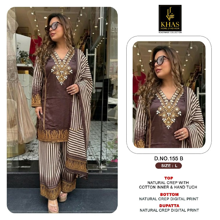 KHAS D.NO 155 WHOLESALE READYMADE NATURAL CREP WITH WORK BEAUTIFUL 3 PCS COMBO SET SUITS EXPORTER