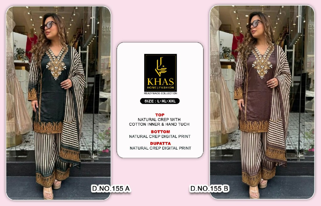 KHAS D.NO 155 WHOLESALE READYMADE NATURAL CREP WITH WORK BEAUTIFUL 3 PCS COMBO SET SUITS EXPORTER
