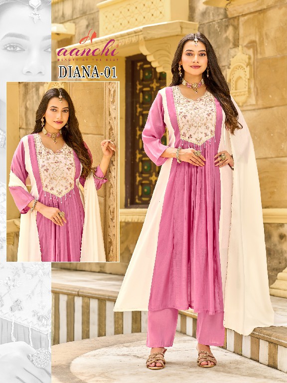 AANCHI DIANA WHOLESALE READYMADE MUL CHANDERI FASHIONABLE 3 PCS COMBO SET SUITS EXPORTER