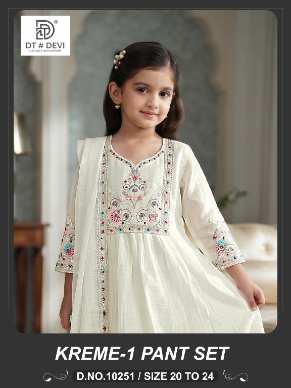 DT DEVI KREME VOL 1 WHOLESALE READYMADE MUL CHANDERI ETHNIC WEAR 3 PCS COMBO SET SUITS FOR KIDS ONLINE