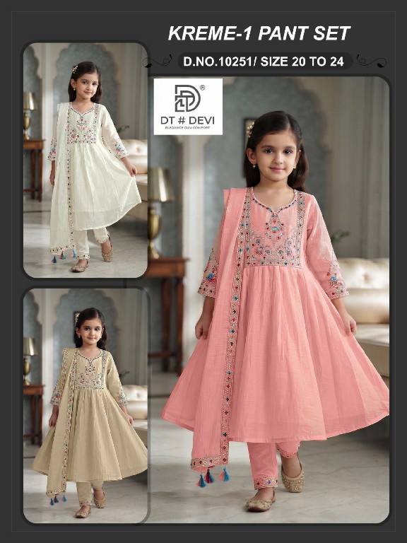 DT DEVI KREME VOL 1 WHOLESALE READYMADE MUL CHANDERI ETHNIC WEAR 3 PCS COMBO SET SUITS FOR KIDS ONLINE
