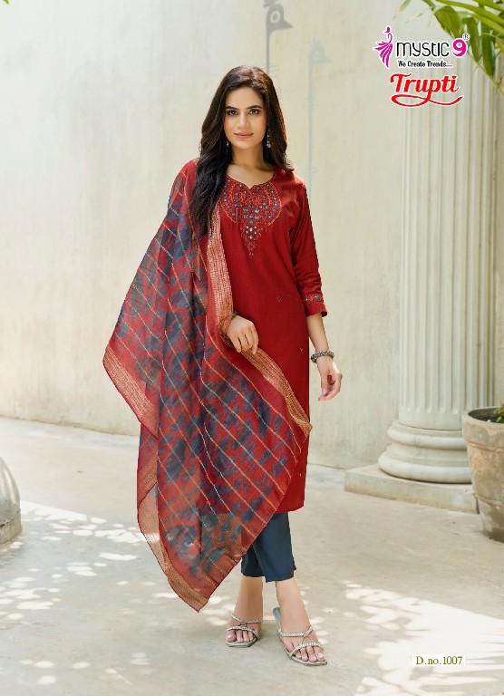MYSTIC 9 TRUPTI VOL 1 WHOLESALE READYMADE VERTICAN AMAZING 3 PCS SUITS EXPORTER