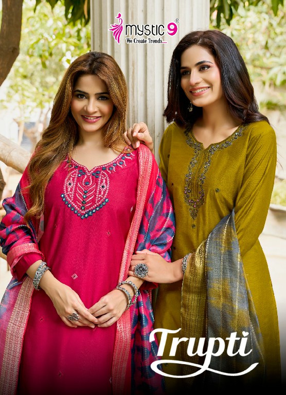 MYSTIC 9 TRUPTI VOL 1 WHOLESALE READYMADE VERTICAN AMAZING 3 PCS SUITS EXPORTER