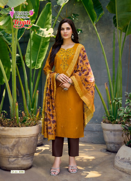 MYSTIC 9 TRUPTI VOL 1 WHOLESALE READYMADE VERTICAN AMAZING 3 PCS SUITS EXPORTER