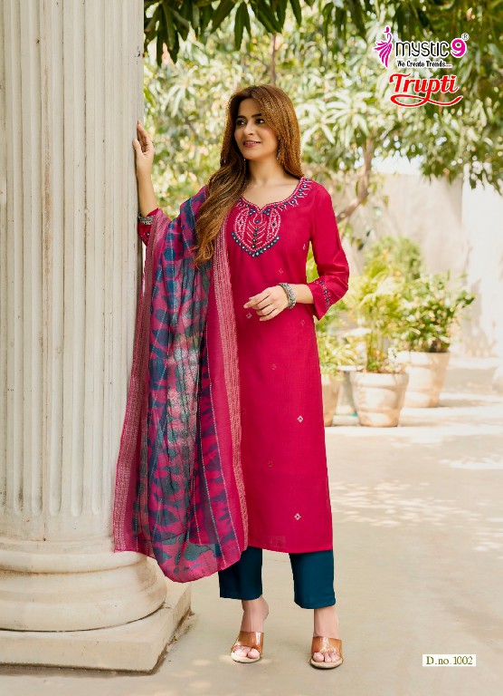 MYSTIC 9 TRUPTI VOL 1 WHOLESALE READYMADE VERTICAN AMAZING 3 PCS SUITS EXPORTER
